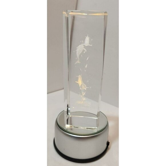 3D Laser Etched Dolphins Crystal Paperweight w/Lighting Base - Picture 10 of 16